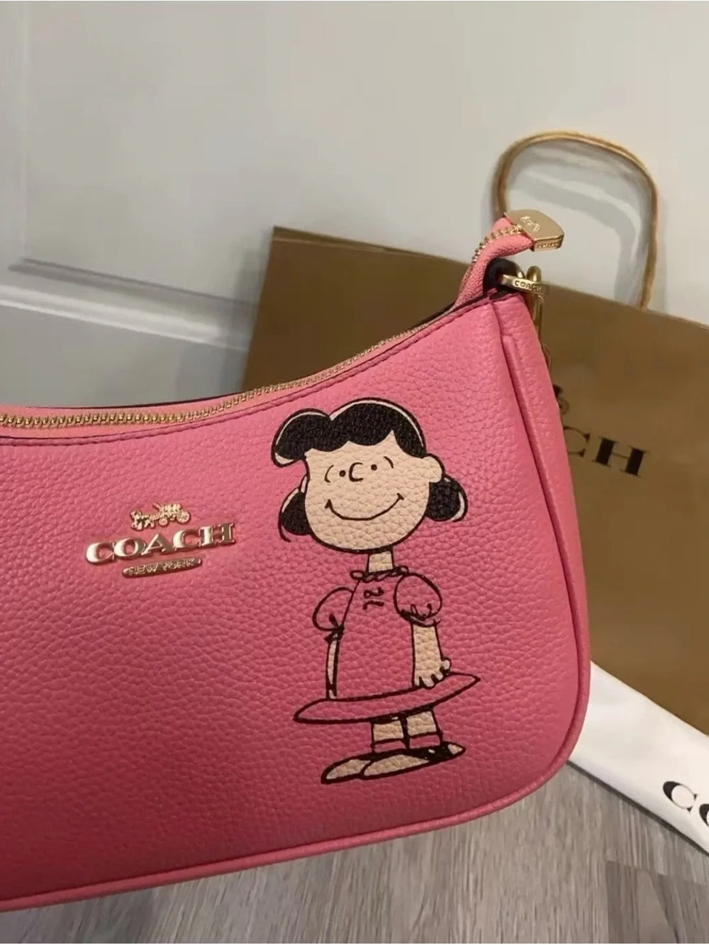 Coach Pink Peanuts Lucy Leather Shoulder Bag with Gold Hardware - Picture 2 of 5